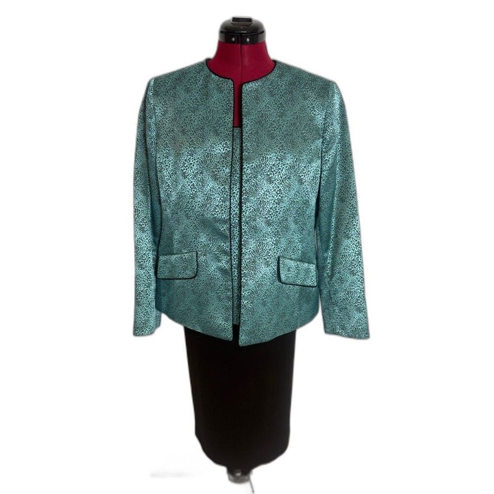 Kasper Skirt Suit Woman's Size 14P Teal & Black 3-Piece Set Blazer/Tank & Skirt